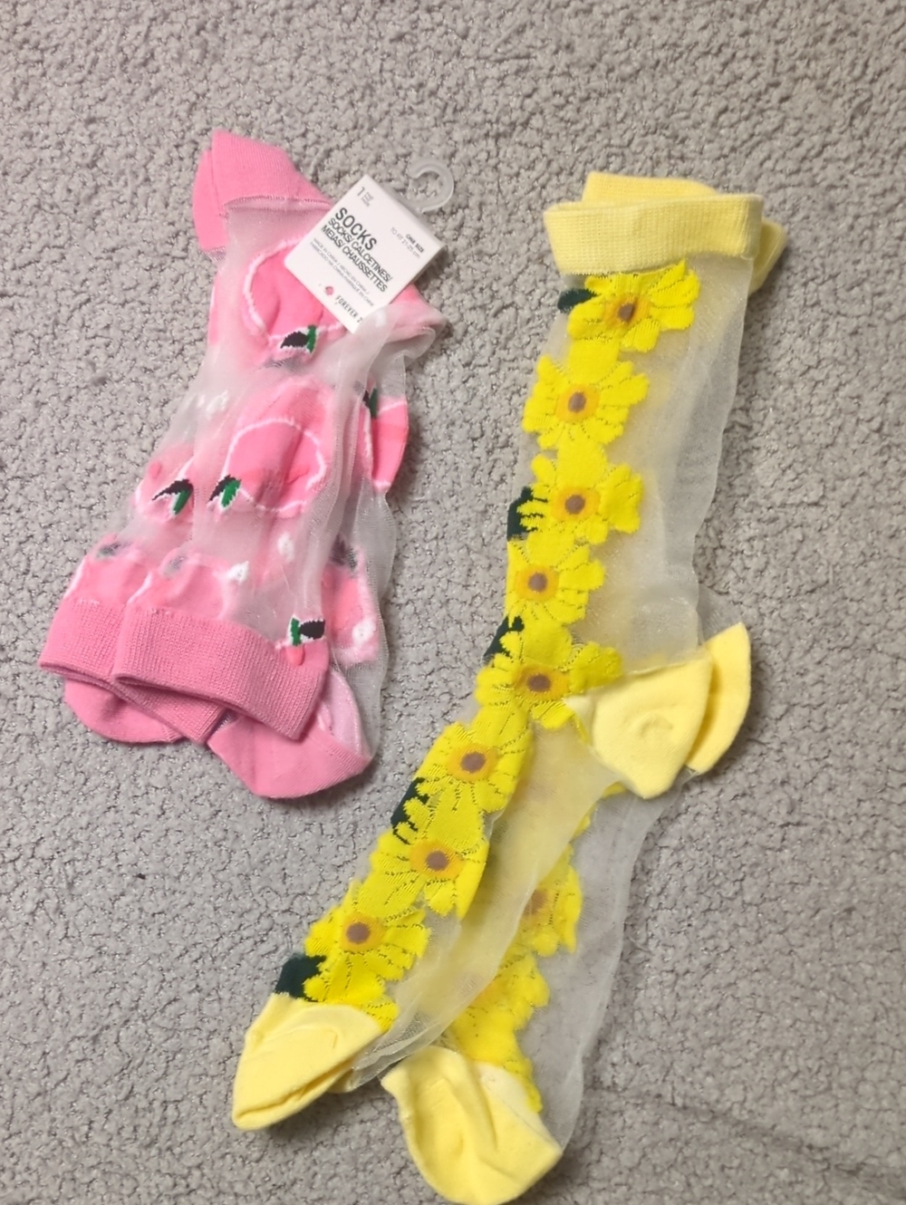 Floral Sheer Socks Set - Pink Peach & Yellow Sunflower Coquette Girlie